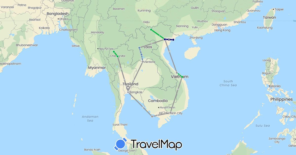 TravelMap itinerary: driving, bus, plane, cycling in Laos, Thailand, Vietnam (Asia)